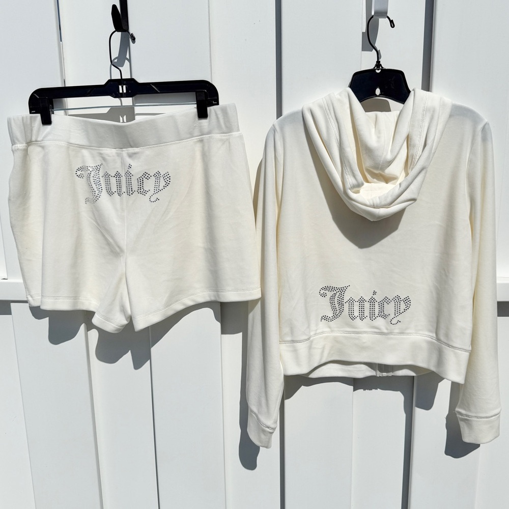 Juicy Couture Bling Velour Tracksuit Hoodie & Short Set NWT in Oyster Size XL